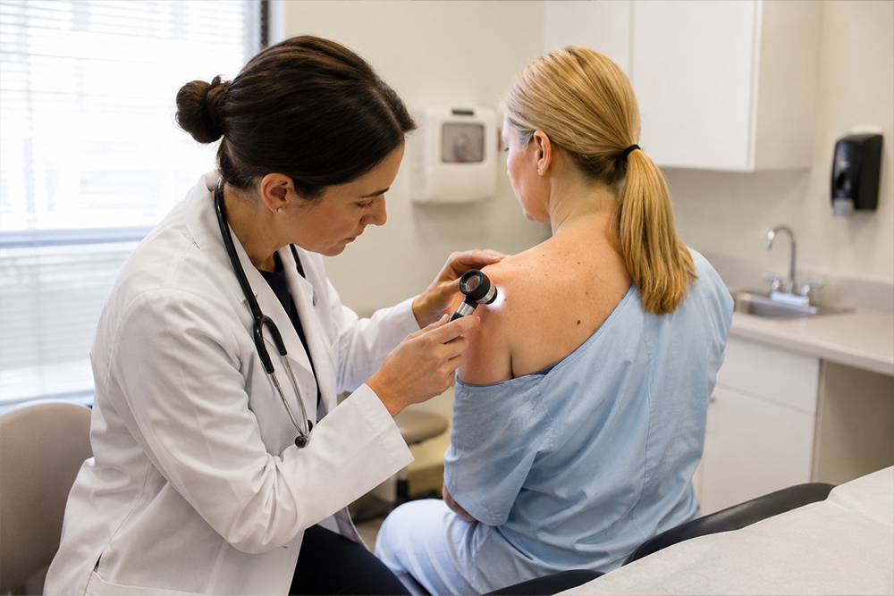 Doctor evaluating a patient's skin lesion during a skin cancer diagnosis and treatment consultation in Merced, CA.